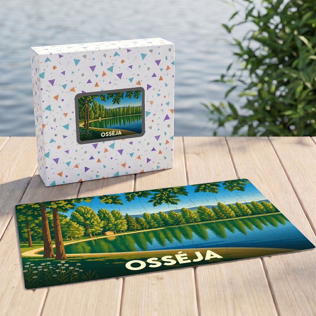 Puzzle souvenir de la ville d'Osséja avec une illustration stylisée d'un lac bordé d'arbres.