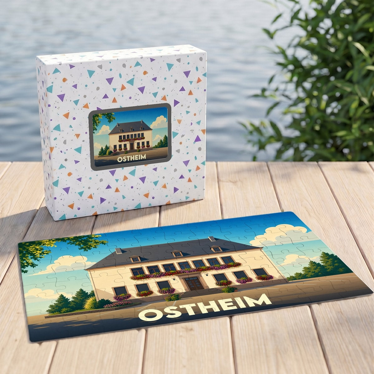 Puzzle souvenir de la ville d'Ostheim illustrant une bâtisse typique avec une boîte assortie.