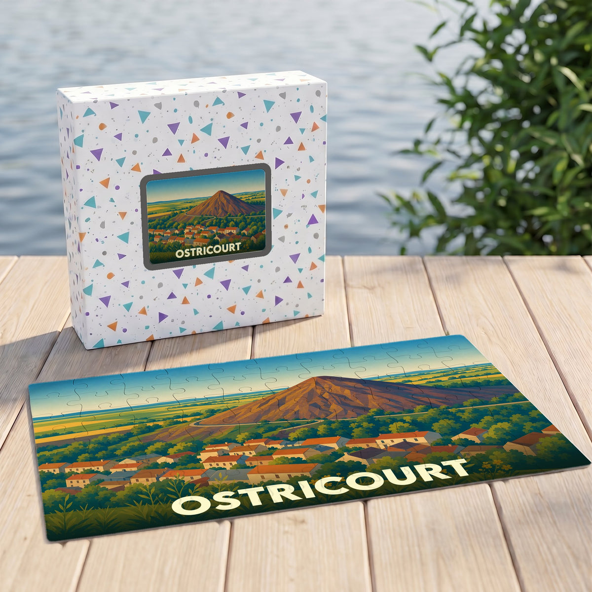 Puzzle souvenir de la ville d'Ostricourt illustrant un paysage de terril et sa boîte assortie.