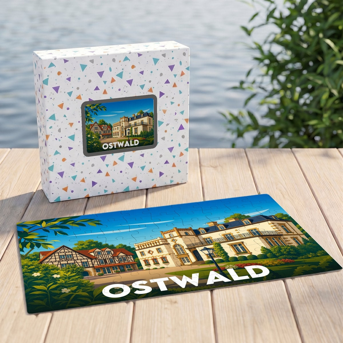 Puzzle souvenir de la ville d'Ostwald avec une illustration stylisée d'un manoir et de maisons alsaciennes.