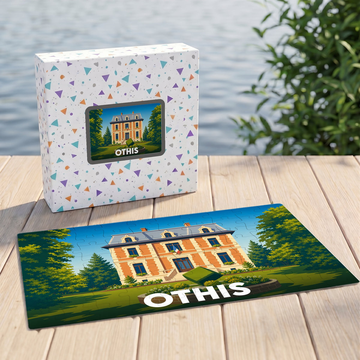 Puzzle souvenir de la ville d'Othis illustrant une demeure bourgeoise dans un parc arboré.