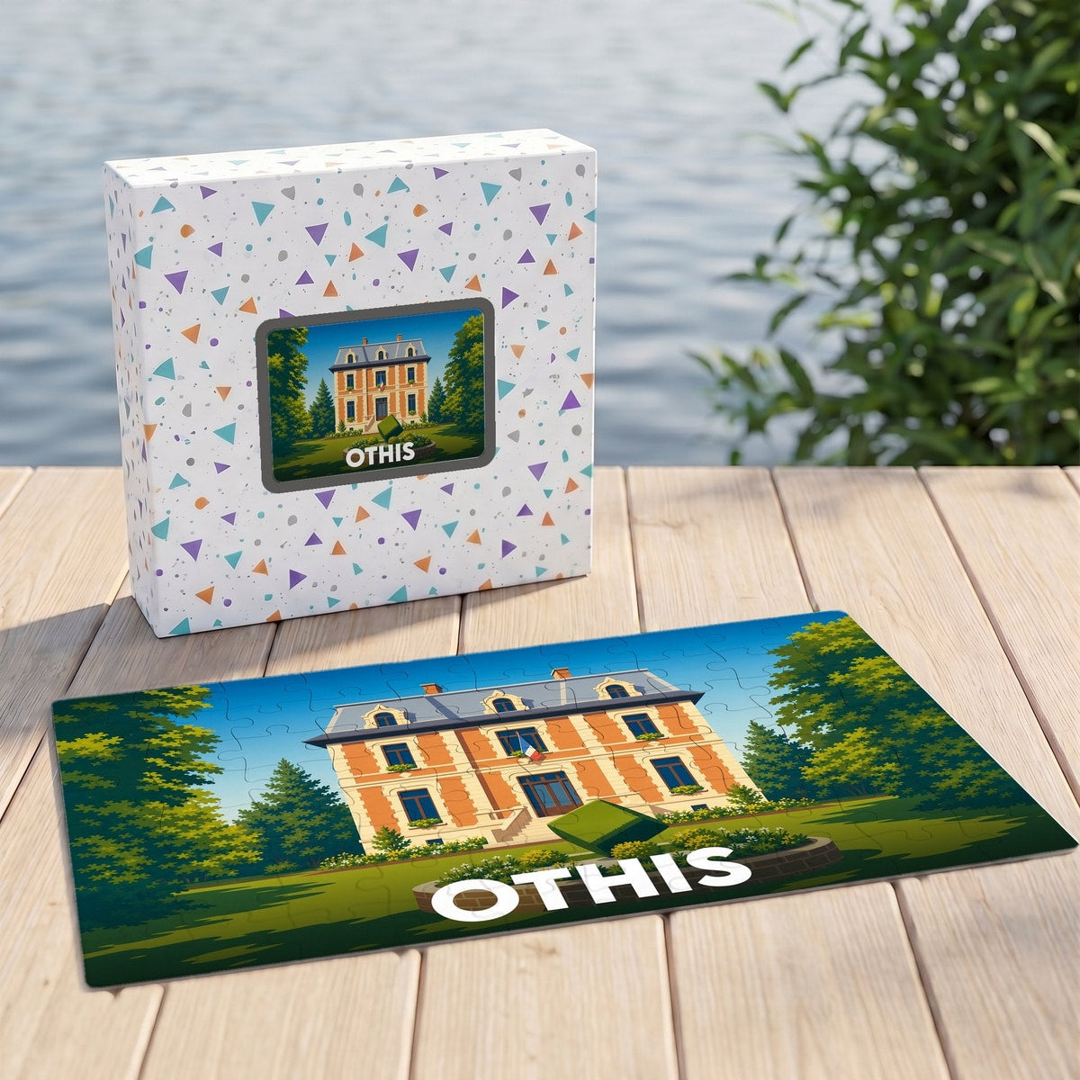 Puzzle souvenir de la ville d'Othis illustrant une demeure bourgeoise dans un parc arboré.