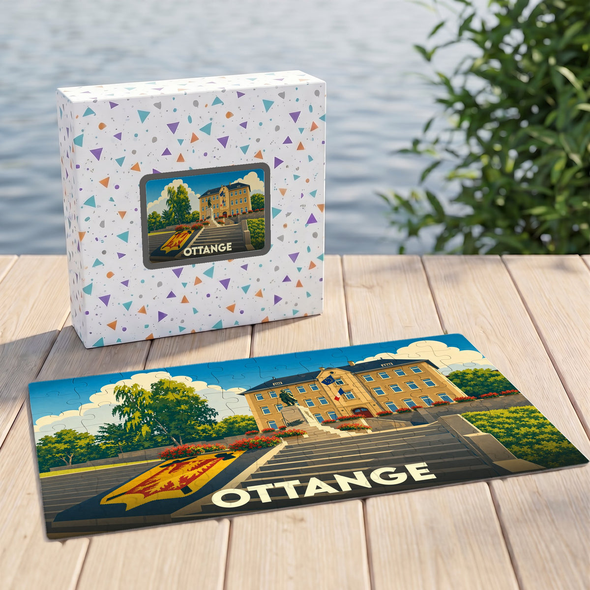 Puzzle souvenir de la ville d'Ottange avec une illustration stylisée de son hôtel de ville.