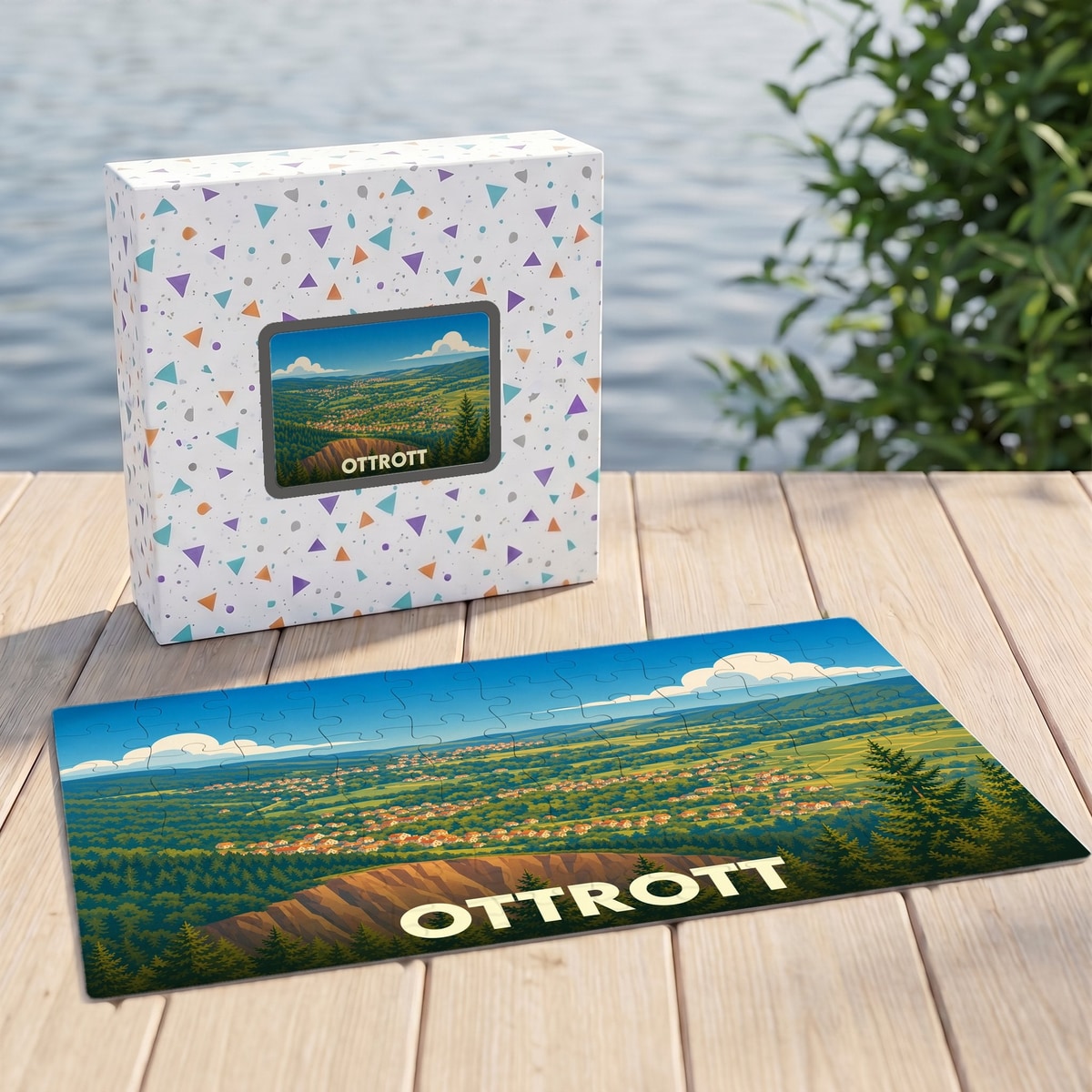 Puzzle souvenir de la ville d'Ottrott présentant une illustration stylisée de son paysage vallonné.