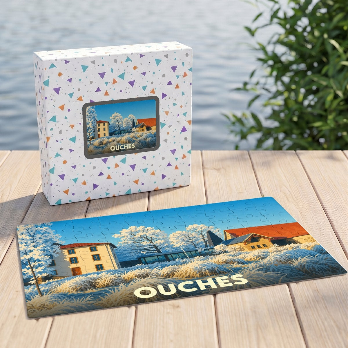 Puzzle souvenir de la ville de Ouches illustrant un paysage rural enneigé sous un ciel bleu.