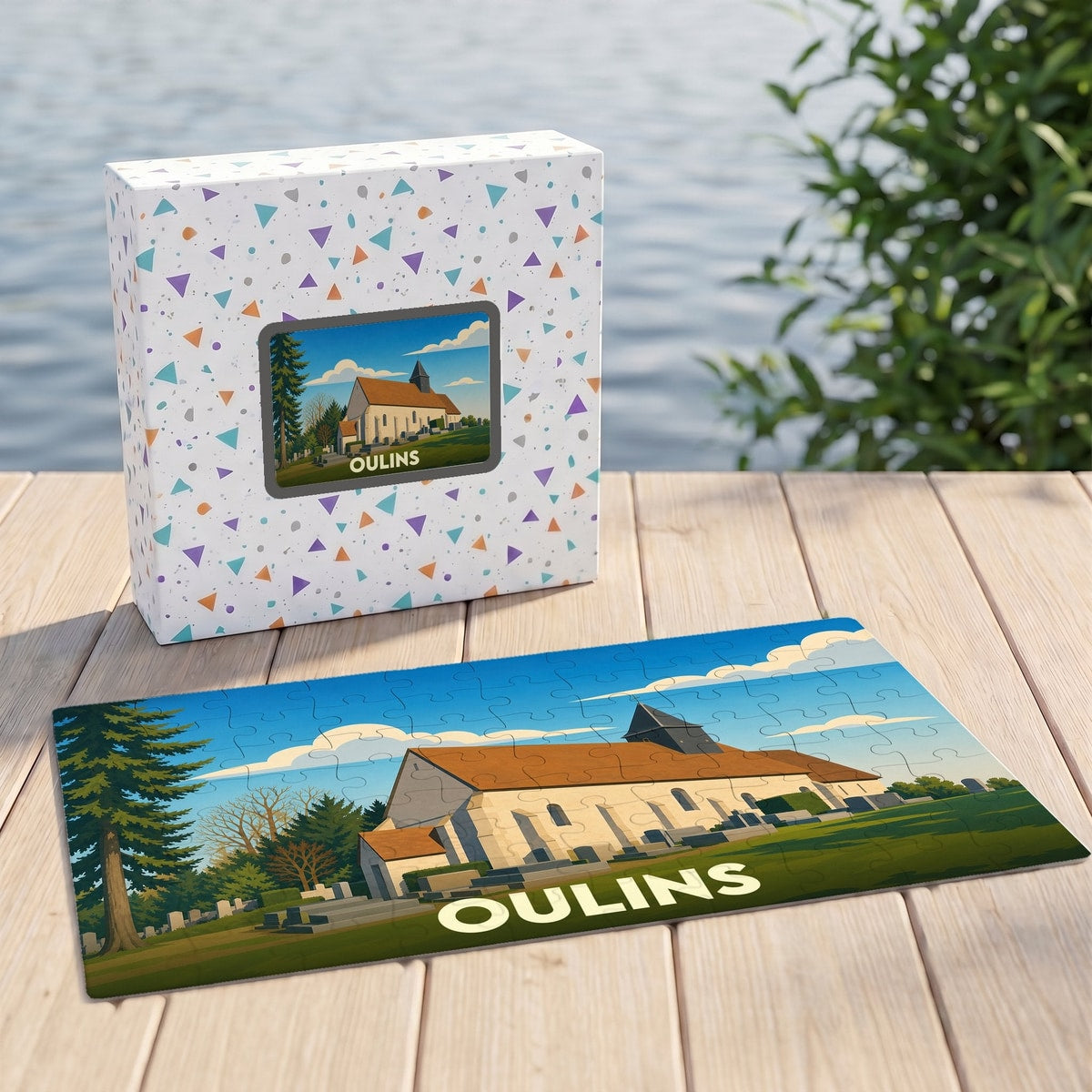 Puzzle souvenir de la ville d'Oulins avec une illustration stylisée de son église.