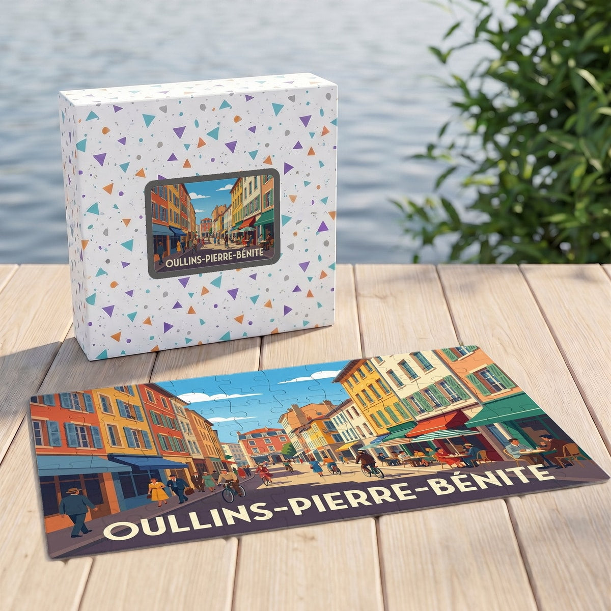 Puzzle souvenir de la ville de Oullins-Pierre-Bénite avec une illustration stylisée et colorée.