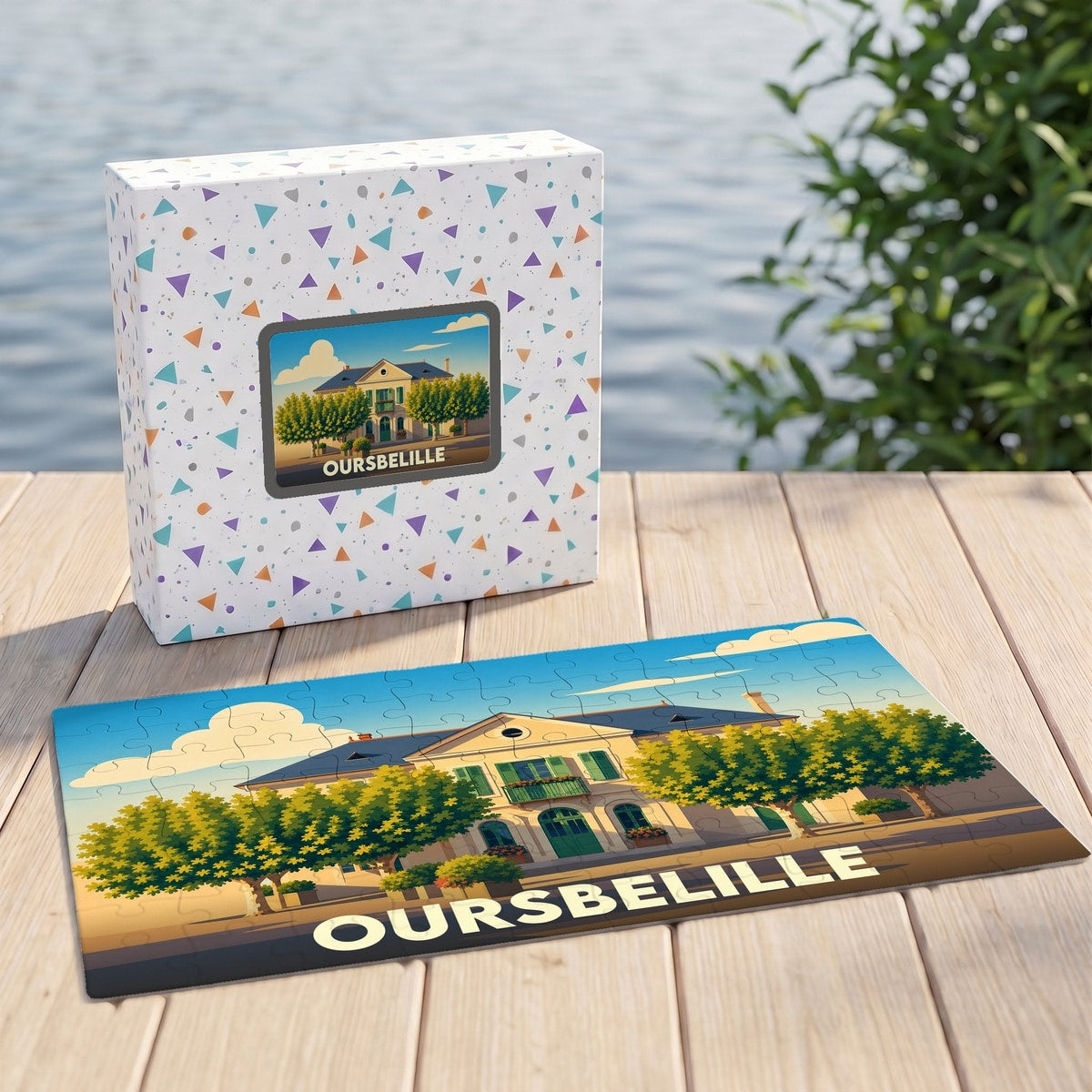Puzzle souvenir de la ville d'Oursbelille avec une illustration stylisée d'un bâtiment remarquable.