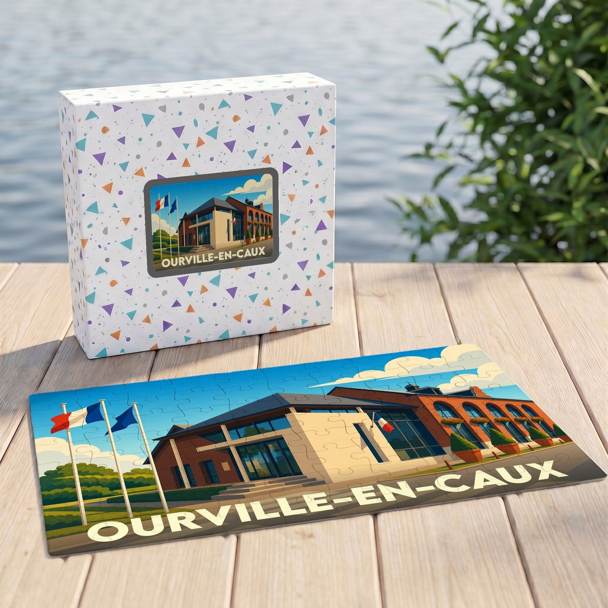 Puzzle souvenir de la ville de Ourville-en-Caux avec une illustration stylisée d'un bâtiment communal et de drapeaux français.
