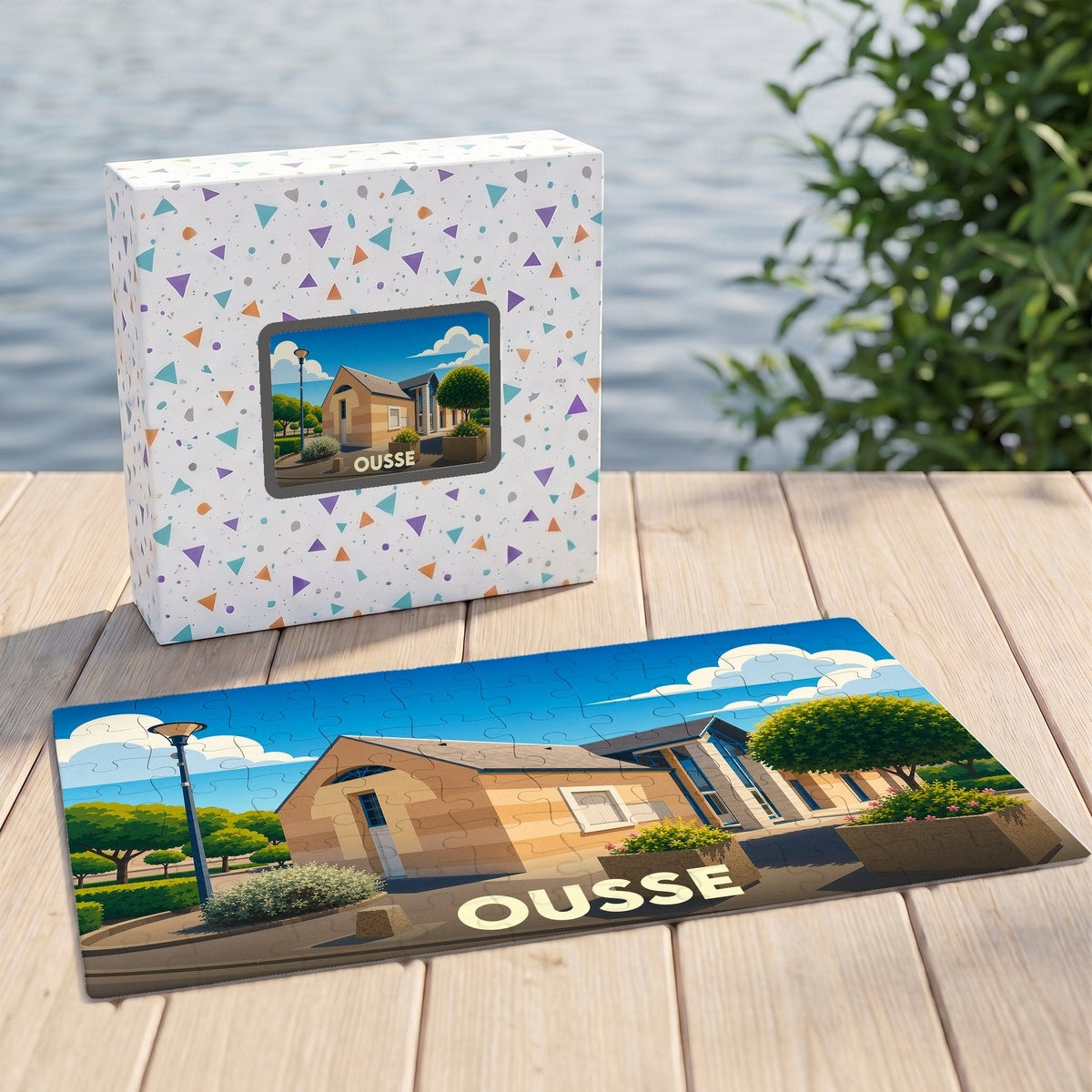 Puzzle souvenir de la ville d'Ousse avec une illustration stylisée d'un bâtiment sous un ciel bleu.