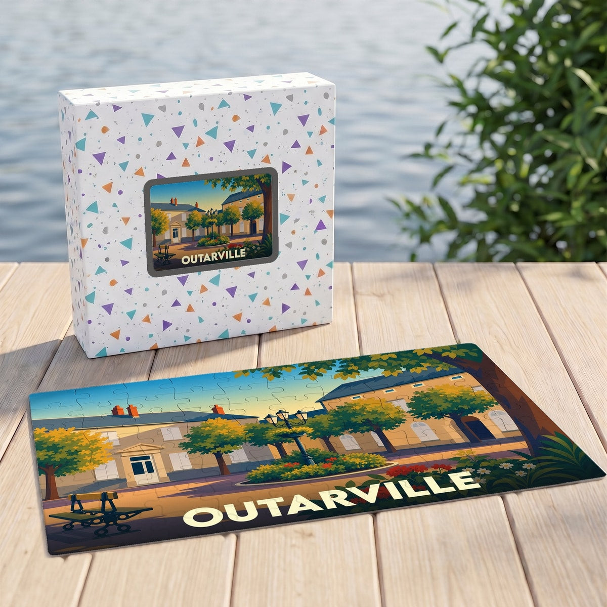 Puzzle souvenir de la ville d'Outarville avec une illustration stylisée et colorée de son centre-ville.
