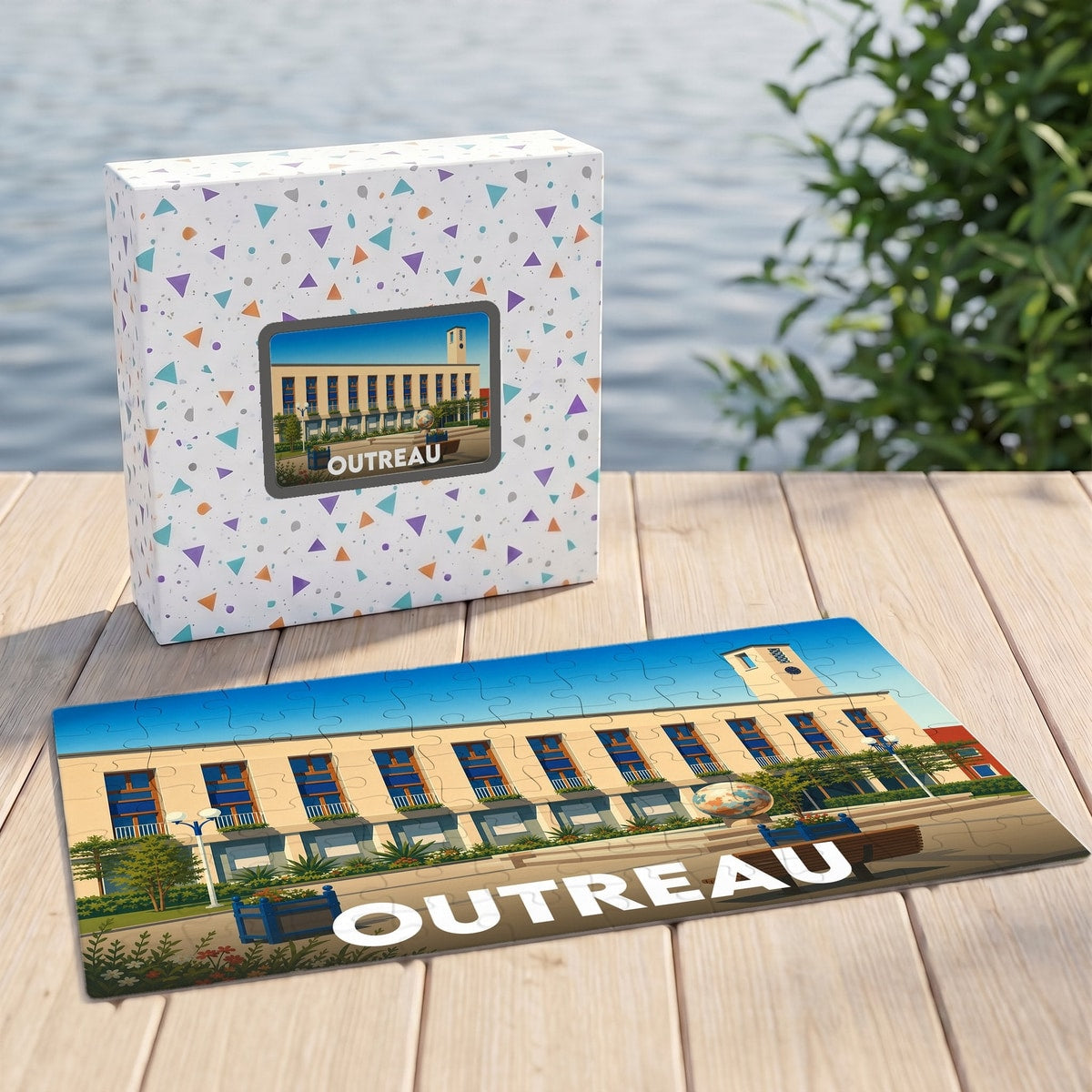 Puzzle souvenir de la ville d'Outreau avec une illustration stylisée de son hôtel de ville.