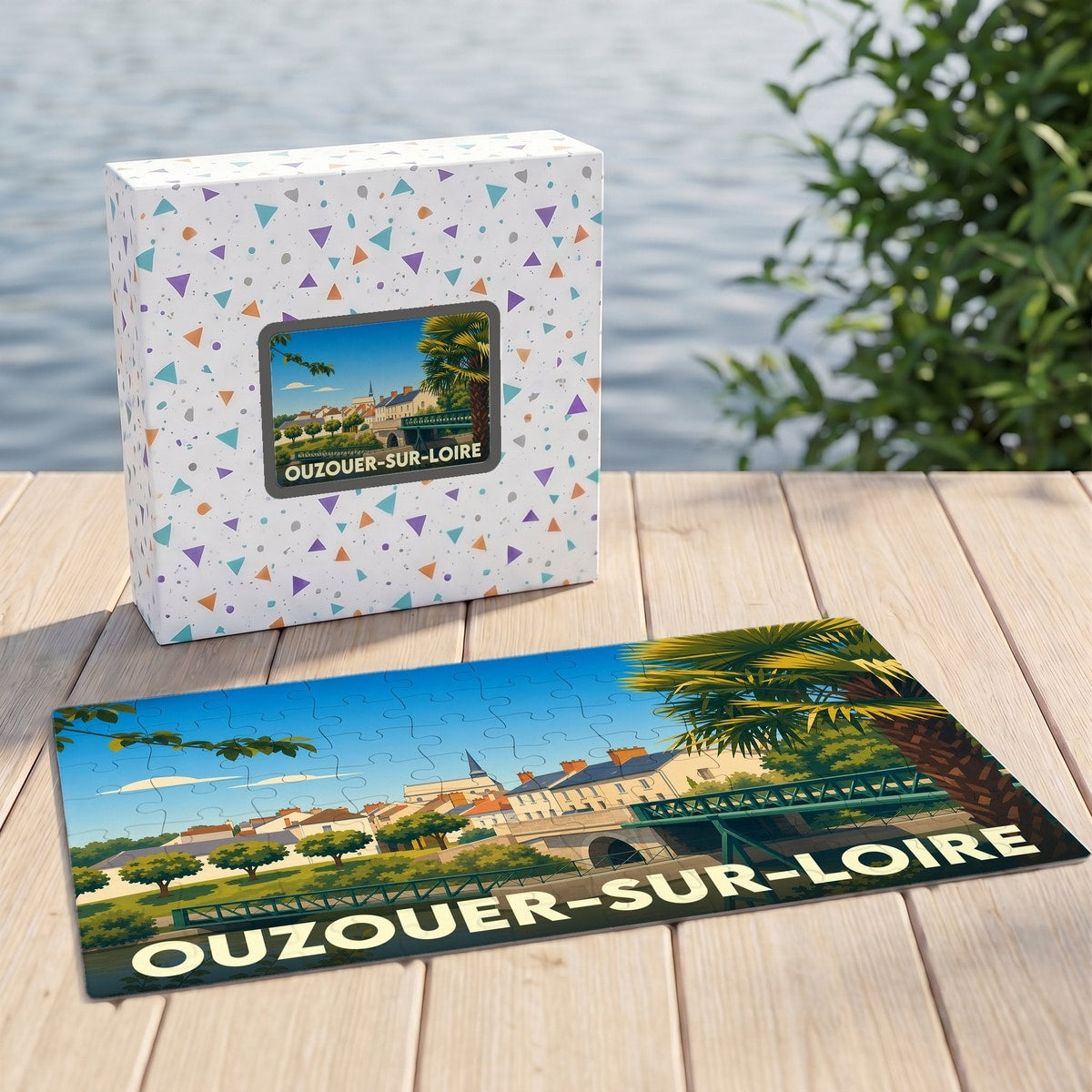 Puzzle souvenir de la ville d'Ouzouer-sur-Loire avec une illustration stylisée de ses bords de Loire.