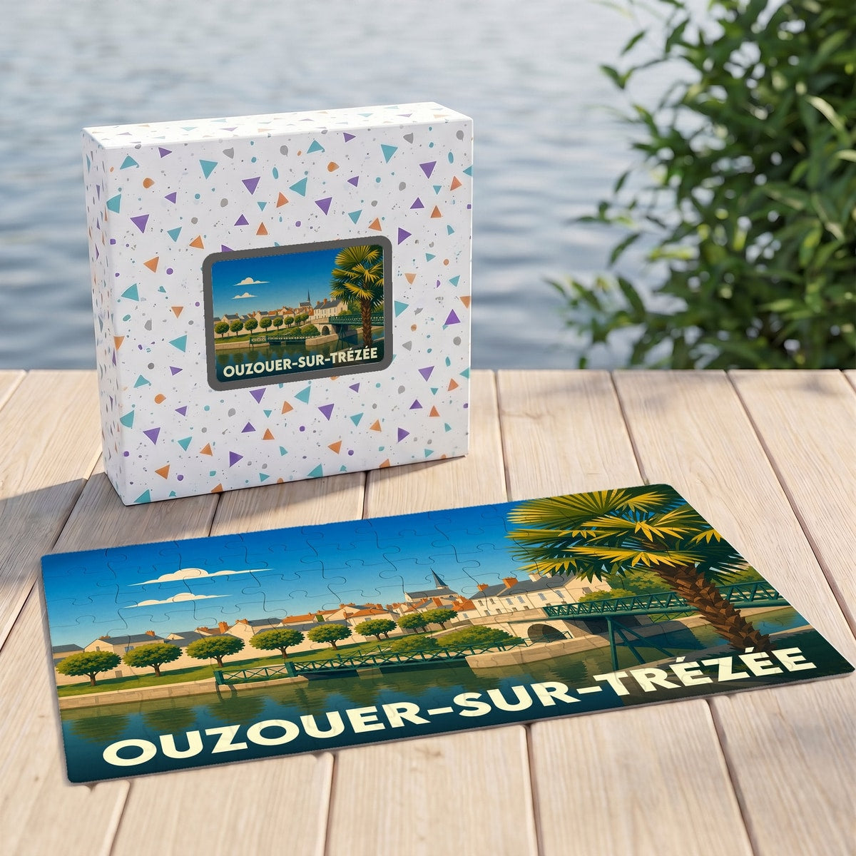 Puzzle souvenir de la ville de Ouzouer-sur-Trézée avec une illustration stylisée d'un paysage de bord de l'eau.
