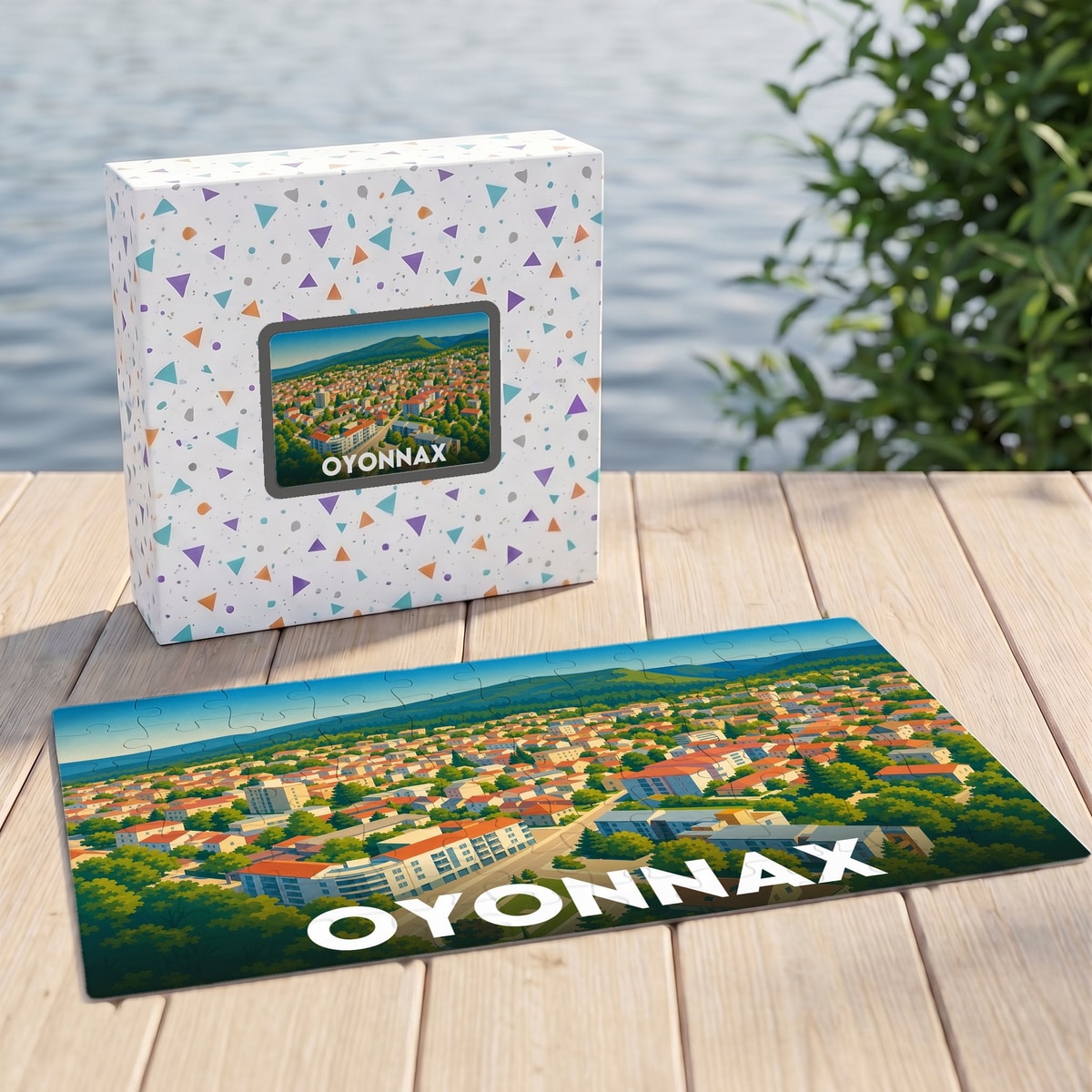 Puzzle souvenir de la ville d'Oyonnax avec une illustration stylisée et colorée.