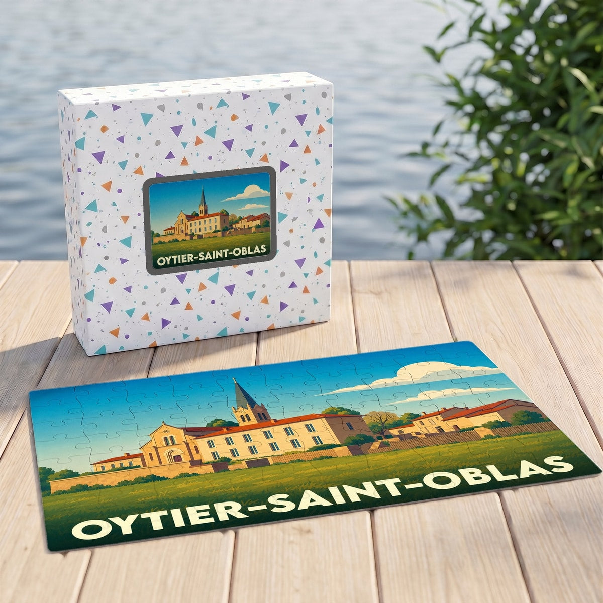 Puzzle souvenir de la ville d'Oytier-Saint-Oblas avec une illustration stylisée de son église et de ses paysages.