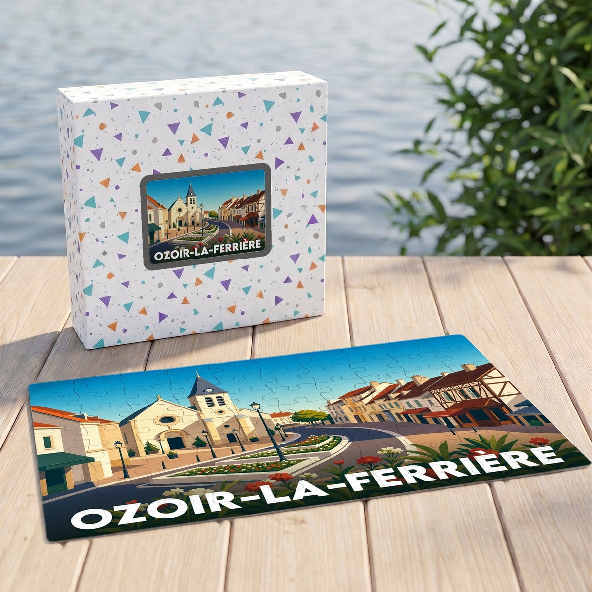 Puzzle souvenir de la ville d'Ozoir-la-Ferrière avec une illustration stylisée et colorée de son centre-ville.