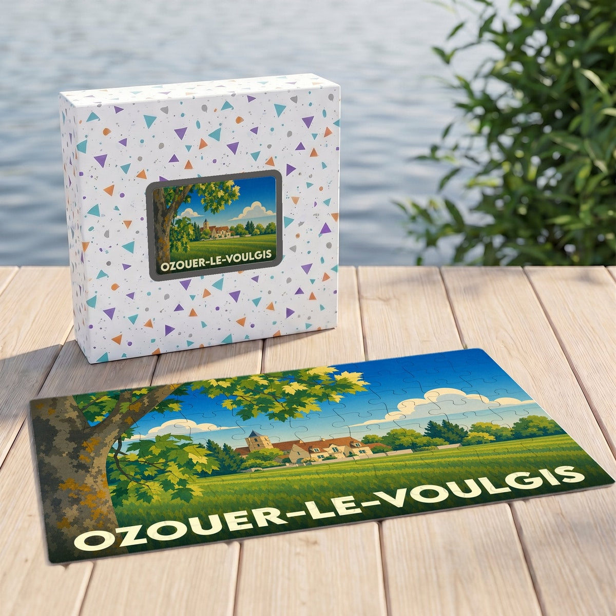 Puzzle souvenir de la ville de Ozouer-le-Voulgis avec une illustration champêtre stylisée.