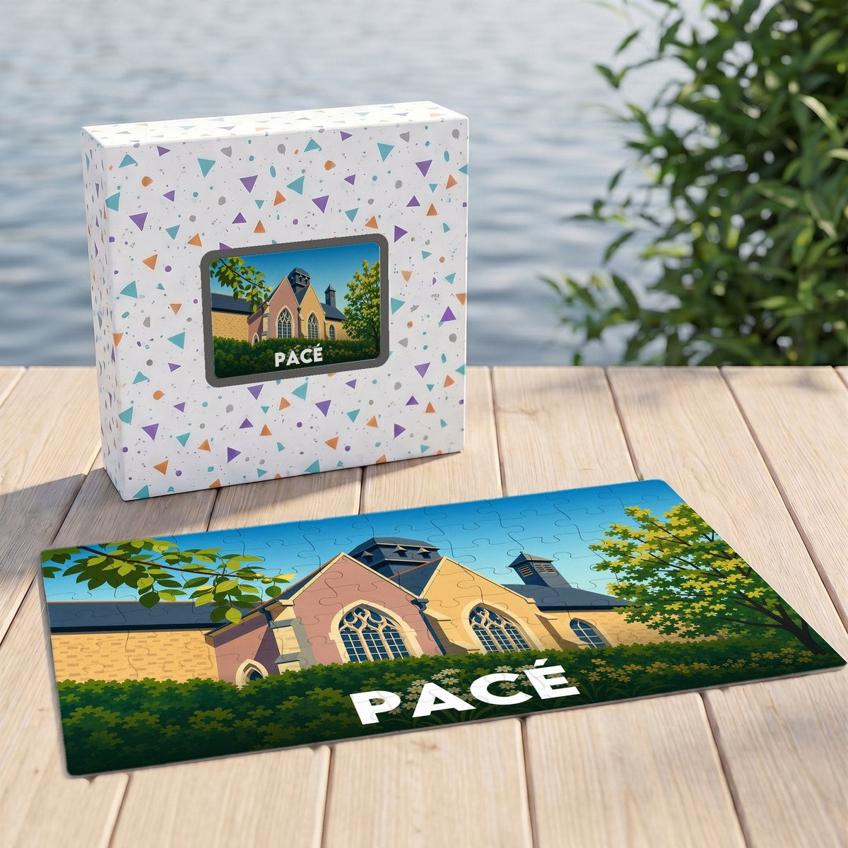 Puzzle souvenir de la ville de Pacé avec une illustration stylisée de son architecture.