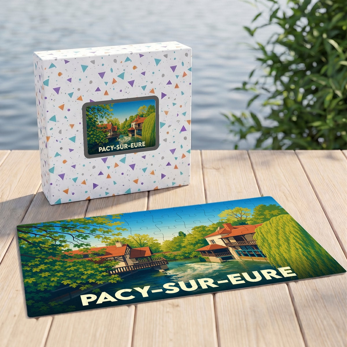 Puzzle souvenir de la ville de Pacy-sur-Eure avec une illustration stylisée de maisons au bord de l'eau.
