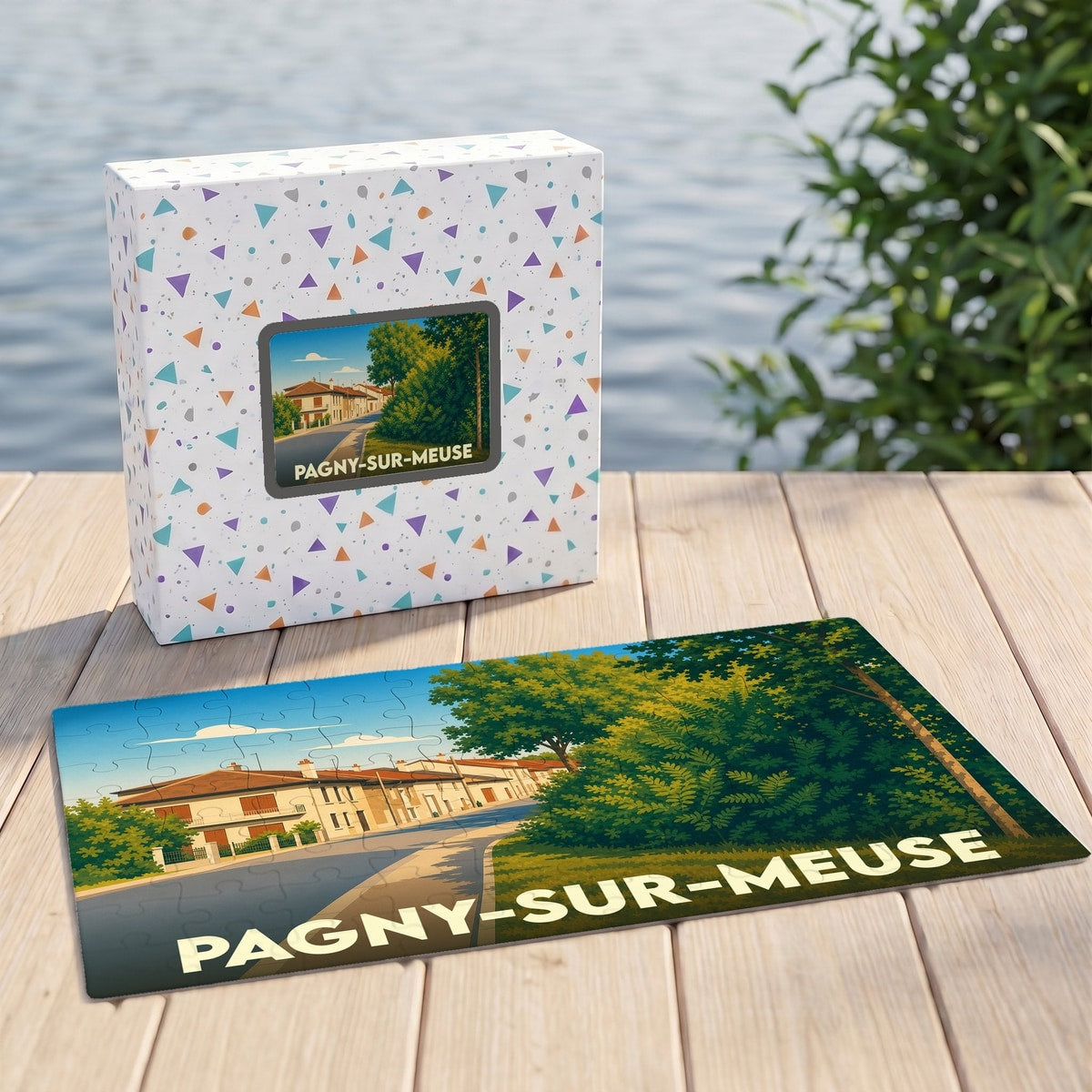 Puzzle souvenir de la ville de Pagny-sur-Meuse avec une illustration stylisée et colorée.