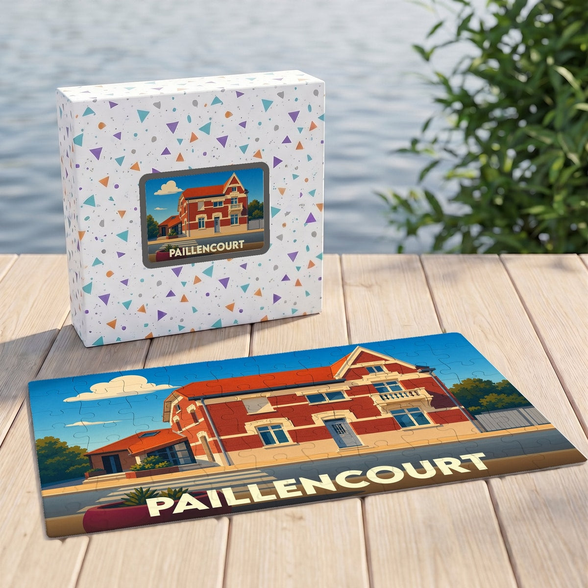 Puzzle souvenir de la ville de Paillencourt avec une illustration stylisée de l'architecture locale.