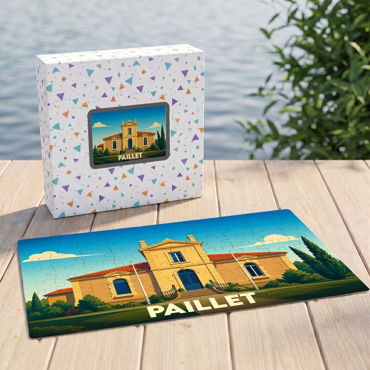 Puzzle souvenir de la ville de Paillet représentant une illustration stylisée de son hôtel de ville sur sa boîte et en version assemblée.