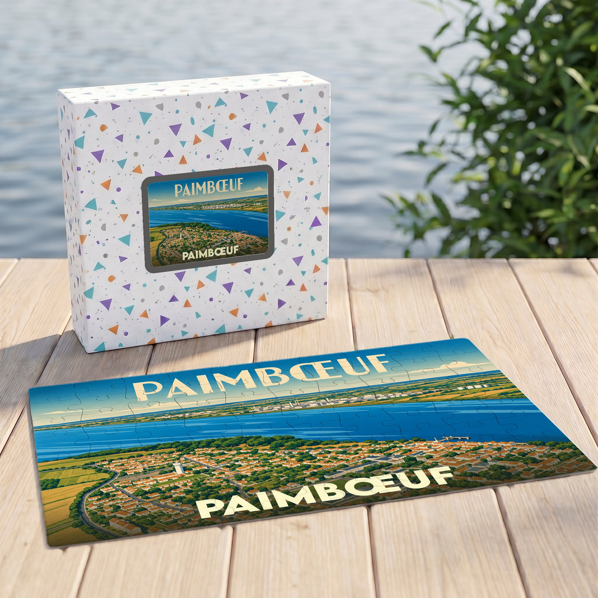 Puzzle souvenir de la ville de Paimbœuf avec son illustration stylisée et sa boîte assortie.