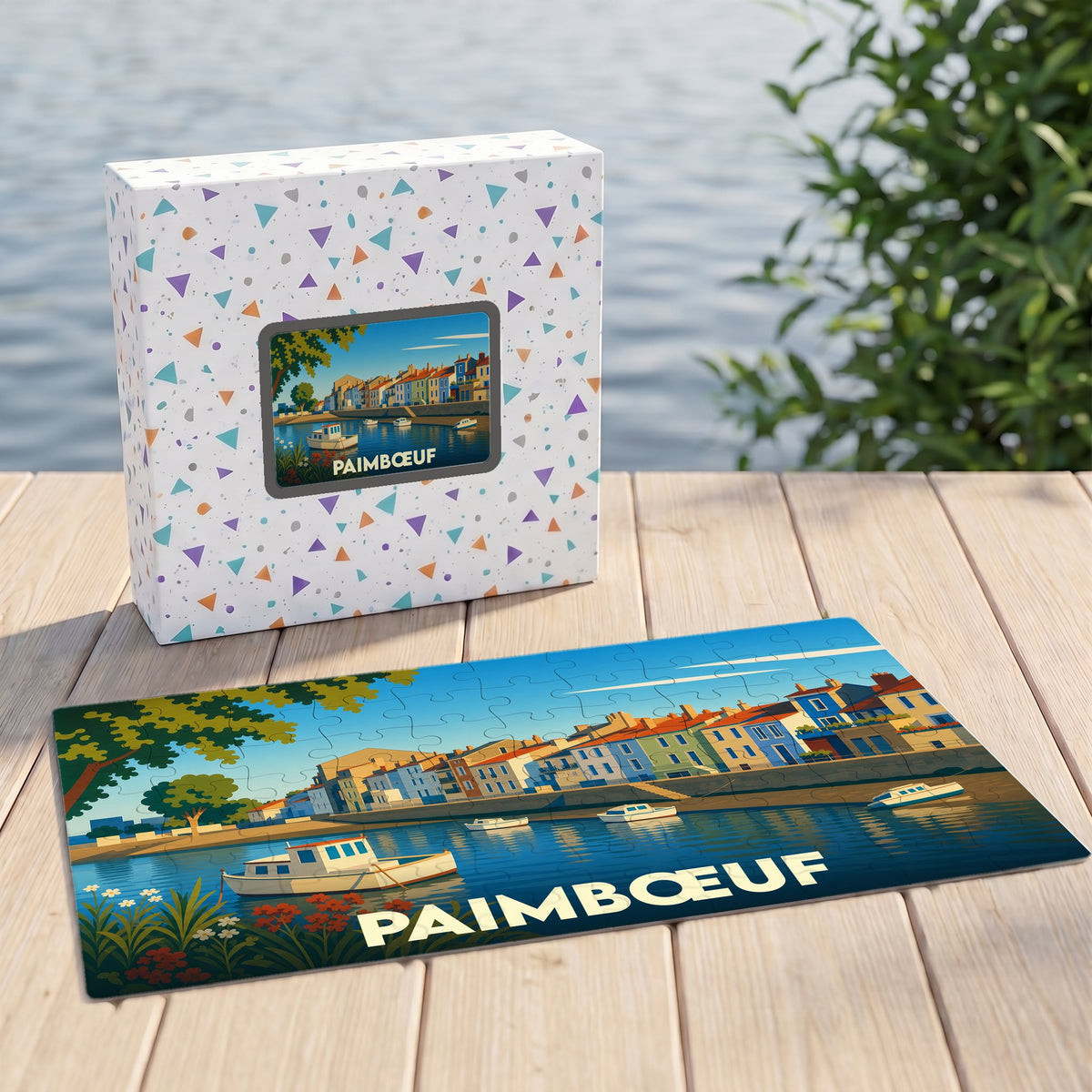 Puzzle souvenir de la ville de Paimbœuf avec une illustration stylisée et colorée de son front de mer.