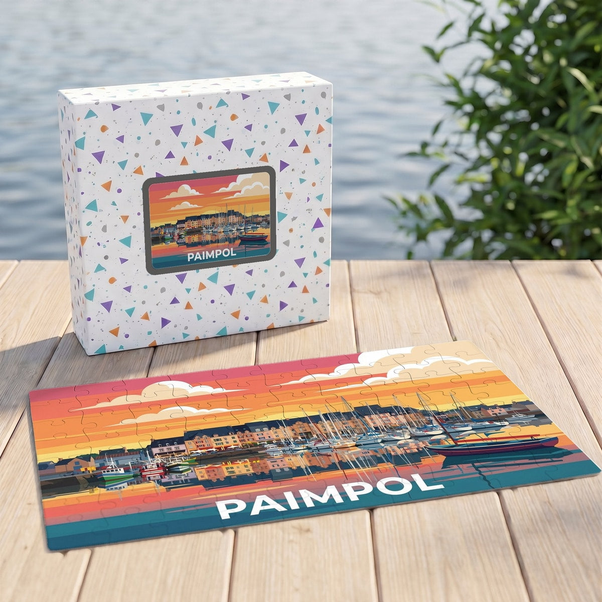 Puzzle souvenir de la ville de Paimpol représentant son port au coucher du soleil dans un style illustré.