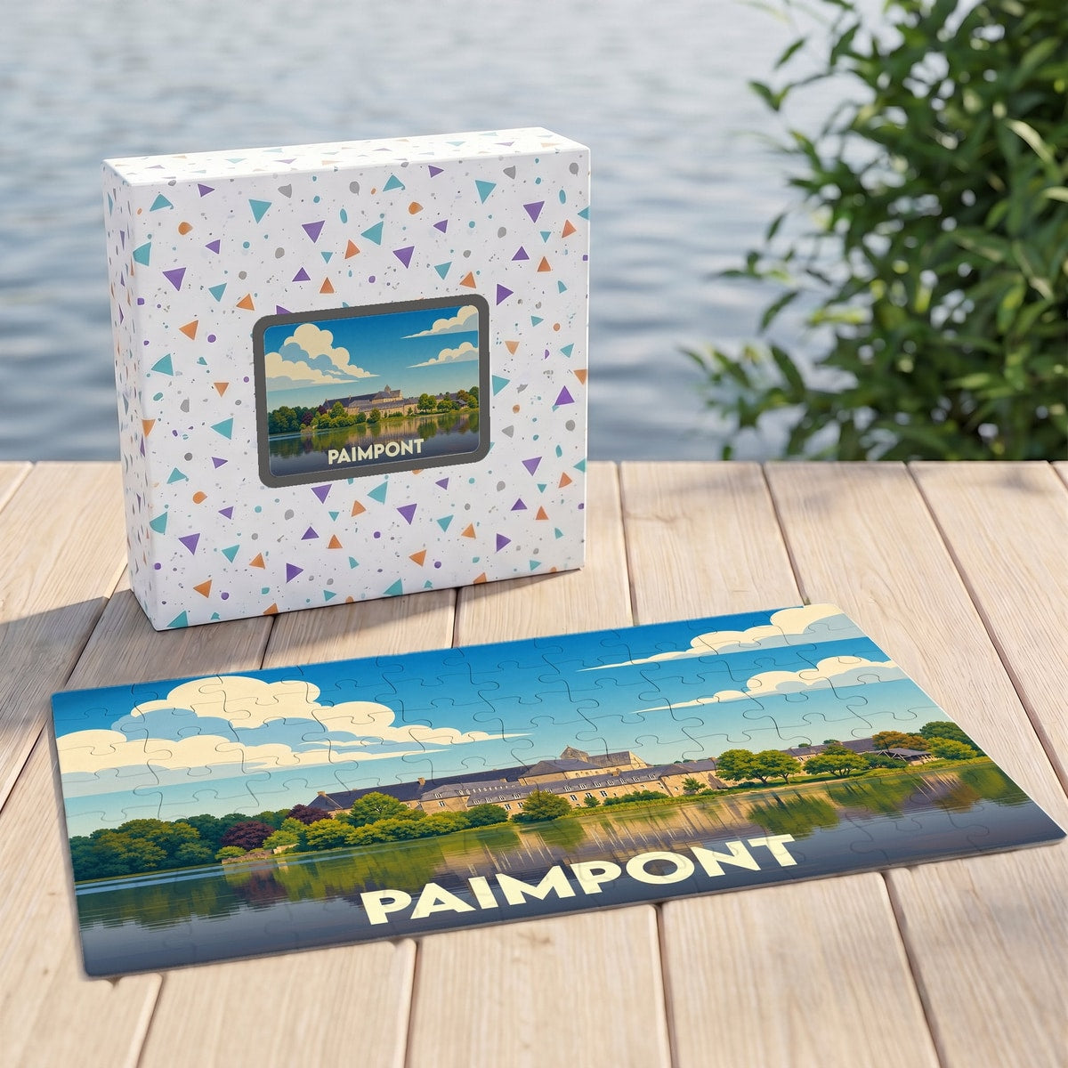 Puzzle souvenir de la ville de Paimpont avec une illustration stylisée d'un bâtiment au bord de l'eau.