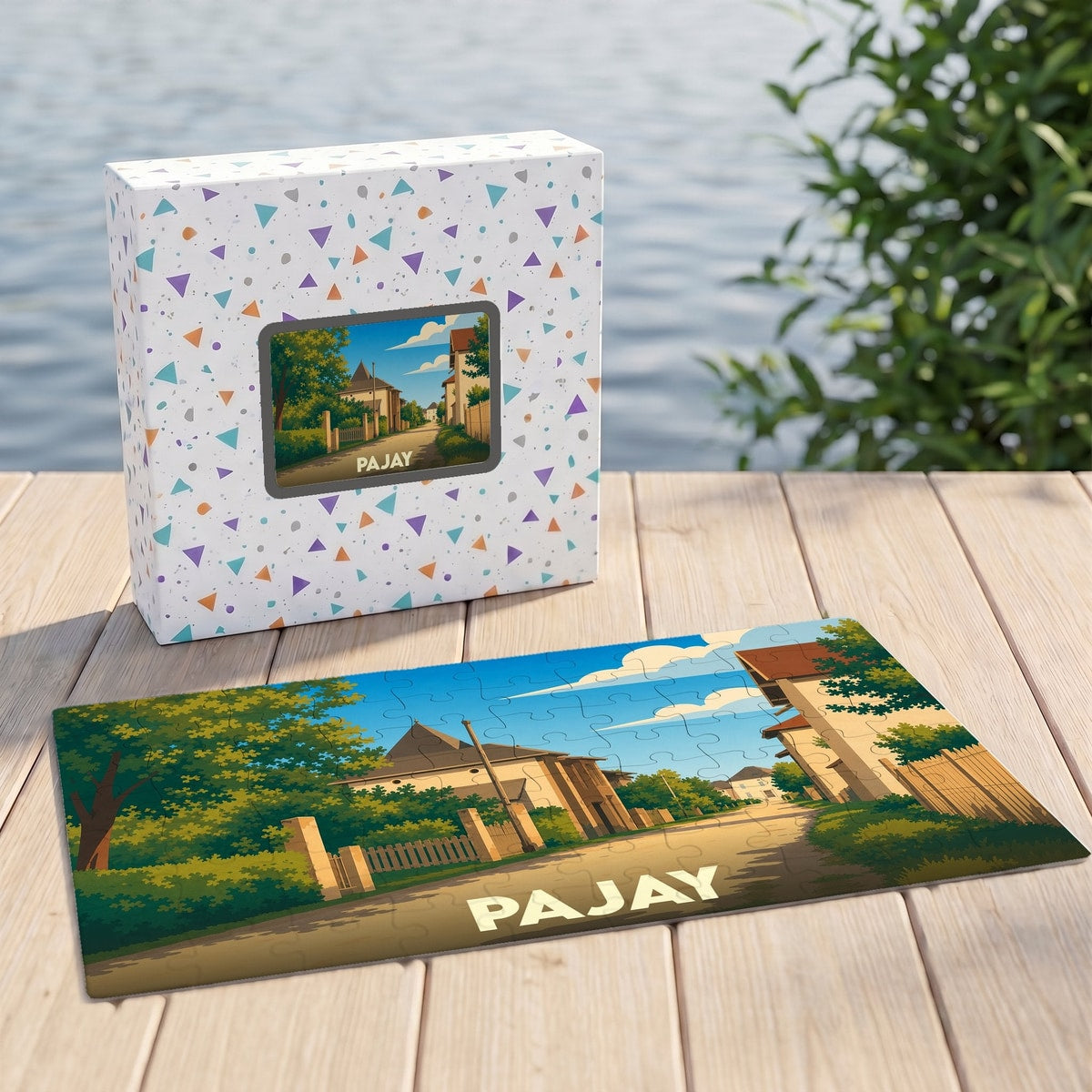 Puzzle souvenir de la ville de Pajay avec une illustration stylisée d'une rue ensoleillée.