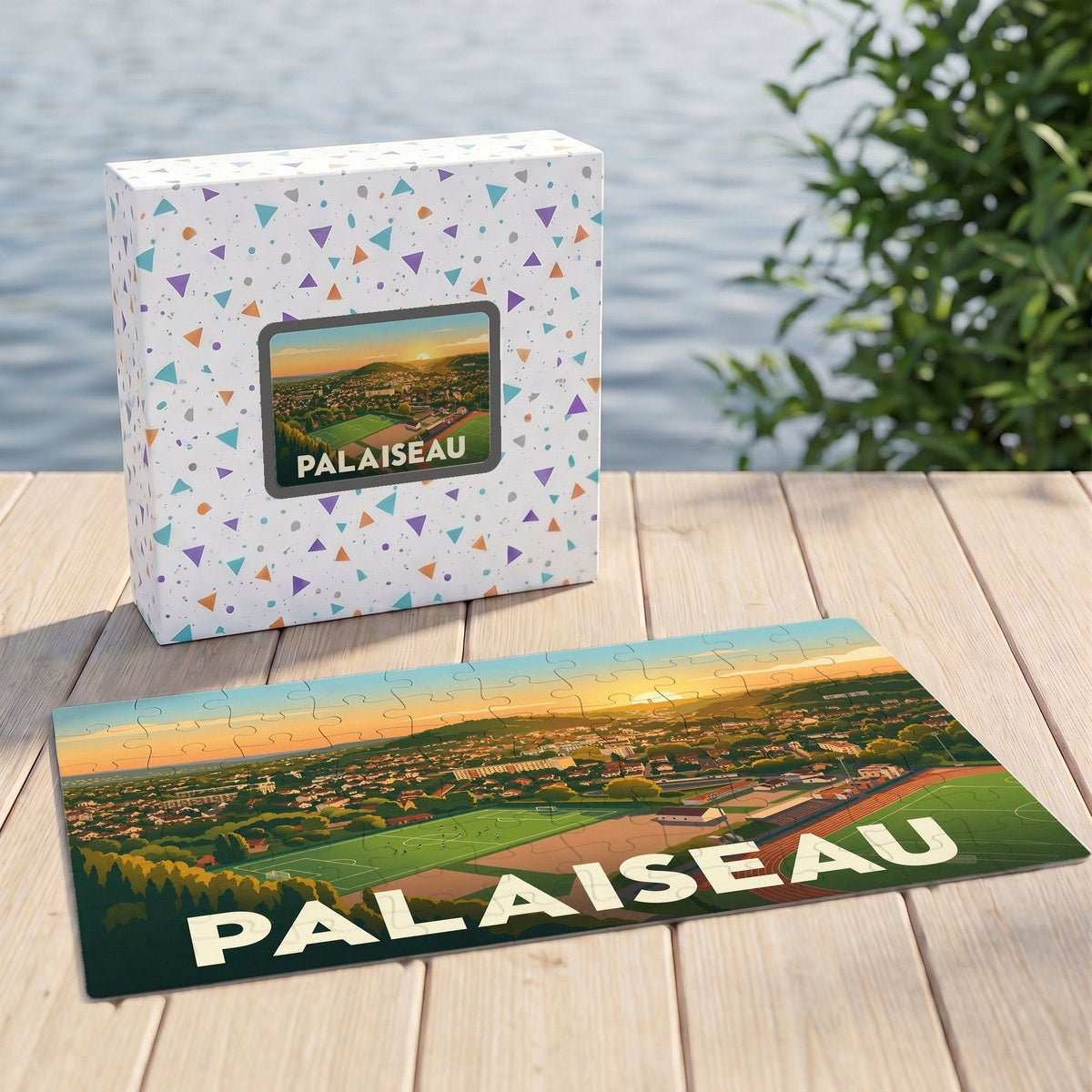Puzzle souvenir de la ville de Palaiseau représentant un paysage illustré au coucher du soleil.