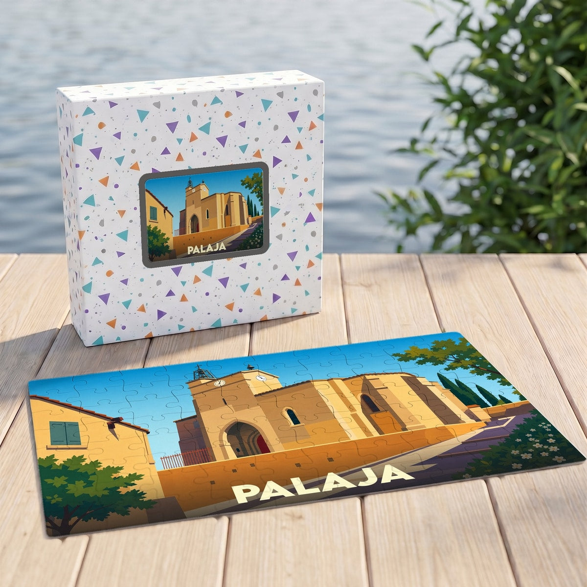 Puzzle souvenir de la ville de Palaja avec une illustration stylisée de son église.