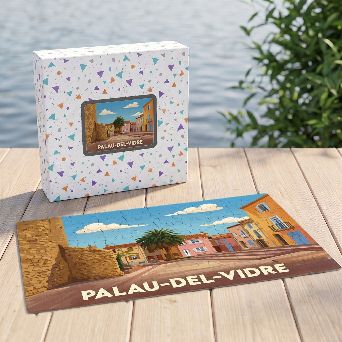 Puzzle souvenir de la ville de Palau-del-Vidre avec une illustration colorée et stylisée.