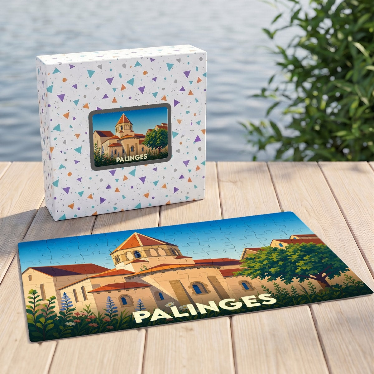 Puzzle souvenir de la ville de Palinges avec une illustration stylisée d'un monument historique.