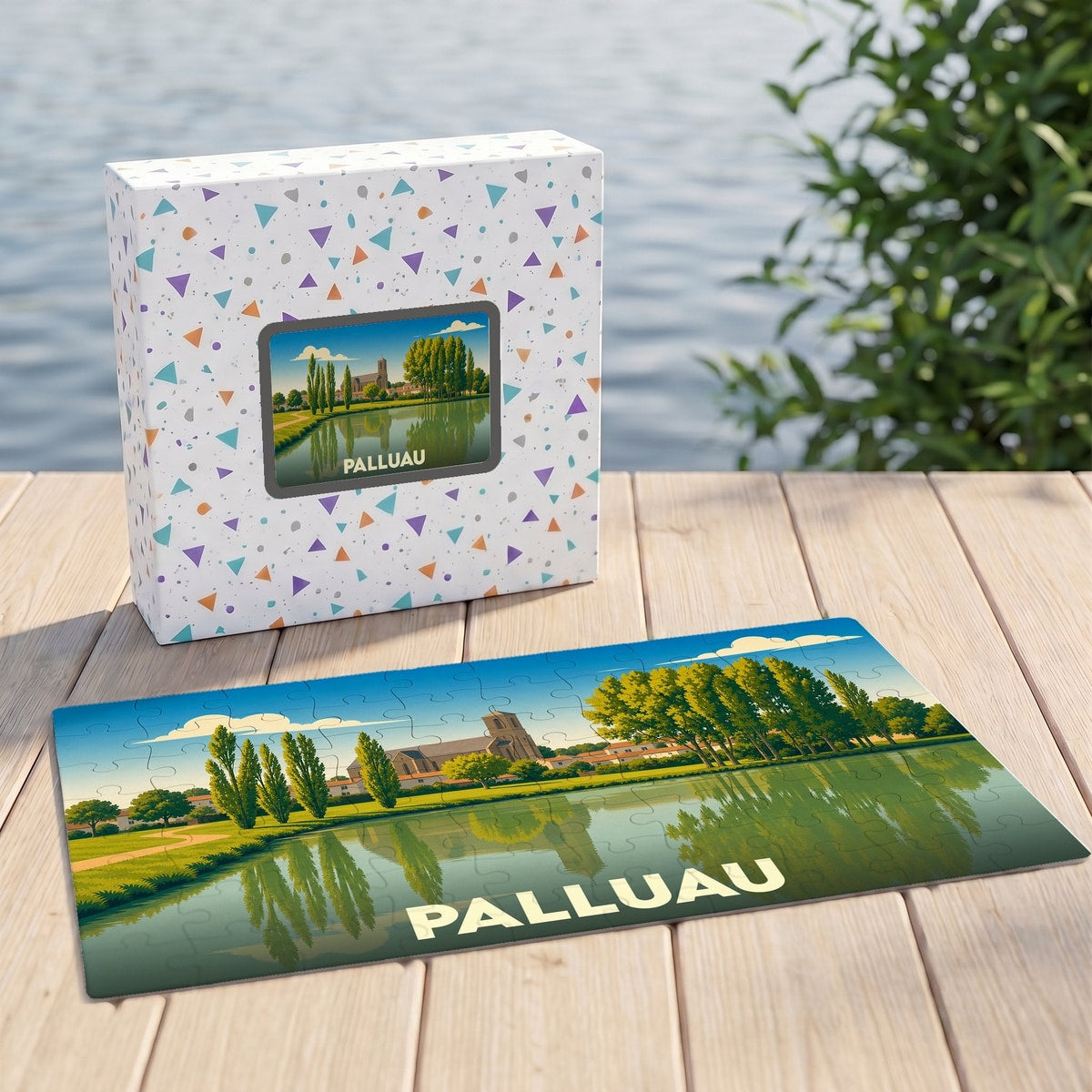 Puzzle souvenir de la ville de Palluau avec une illustration stylisée.