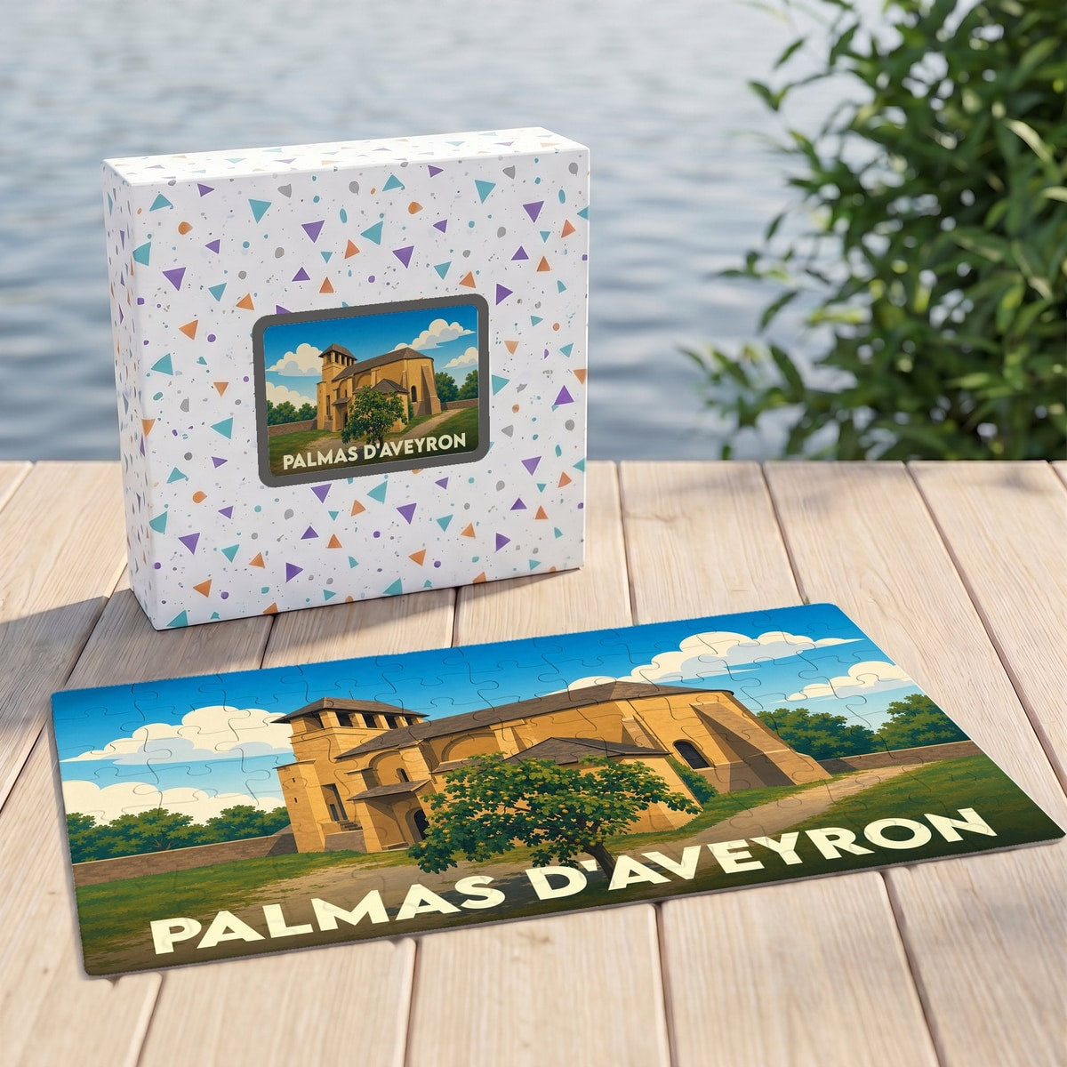 Puzzle souvenir de la ville de Palmas d'Aveyron avec une illustration stylisée.