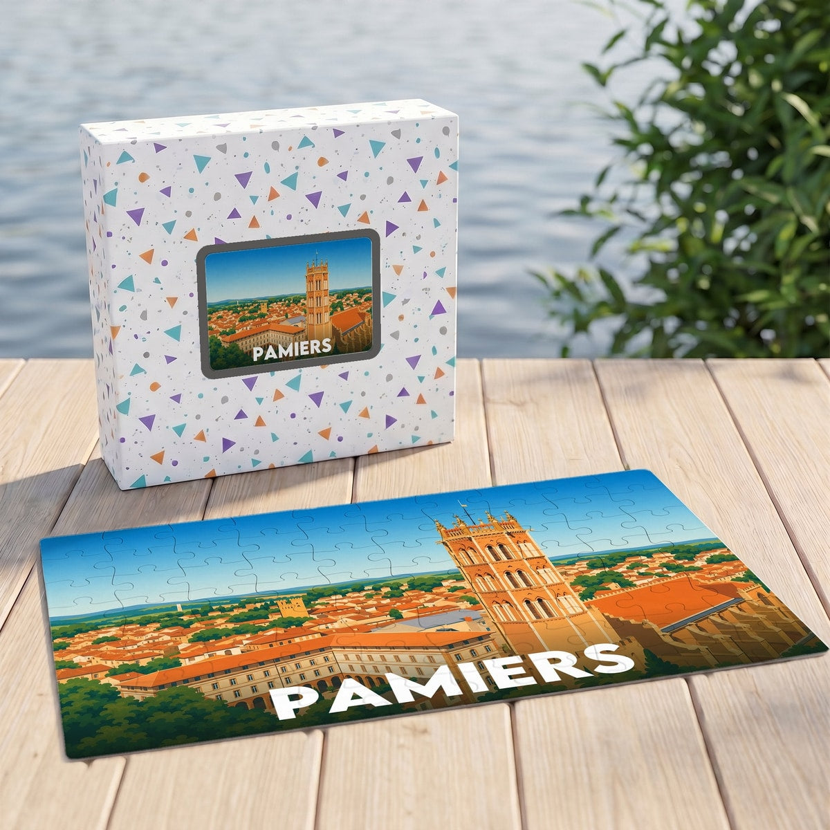 Puzzle souvenir de la ville de Pamiers avec une illustration stylisée de son architecture.