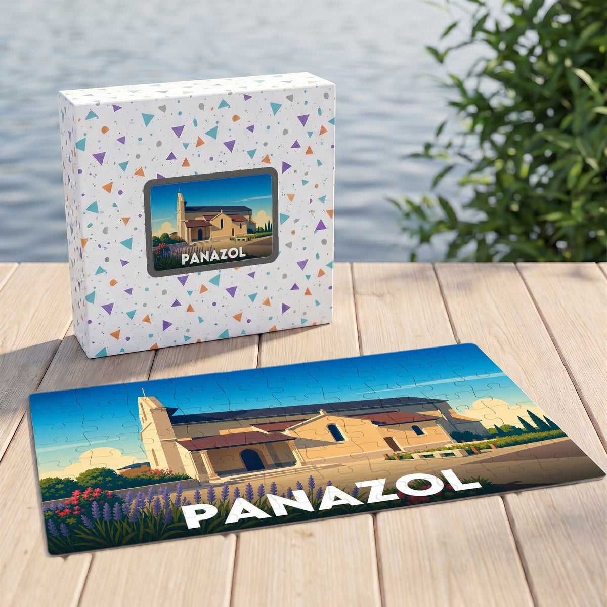 Puzzle souvenir de la ville de Panazol avec une illustration stylisée de son église.