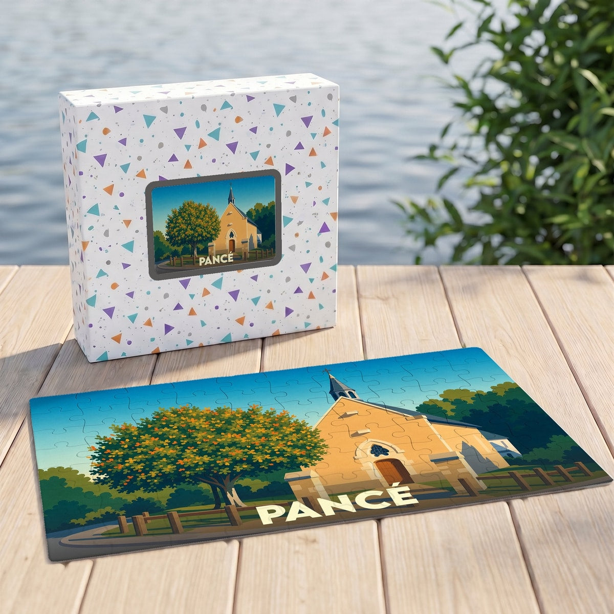 Puzzle souvenir de la ville de Pancé avec une illustration stylisée de son église.