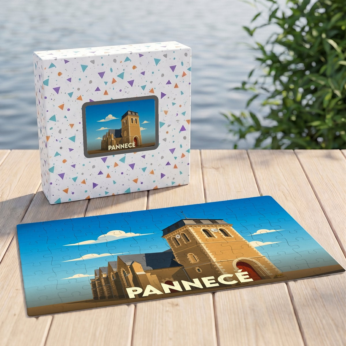 Puzzle souvenir de la ville de Pannecé avec son illustration stylisée de l'église locale.
