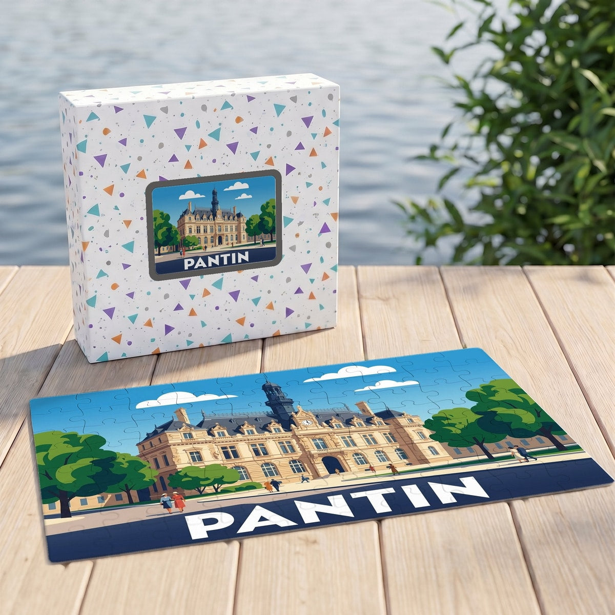 Puzzle souvenir de la ville de Pantin avec une illustration stylisée de son hôtel de ville.