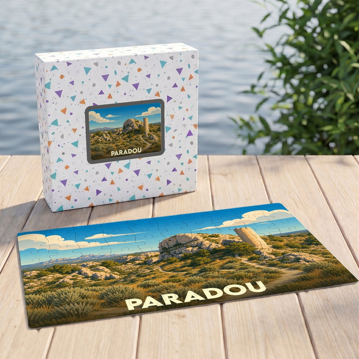 Puzzle souvenir de la ville de Paradou avec une illustration de paysage provençal et sa boîte assortie.