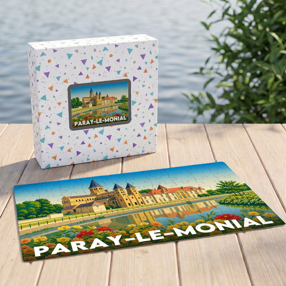 Puzzle souvenir de la ville de Paray-le-Monial présentant une illustration stylisée de sa basilique et de ses jardins au bord de l'eau.