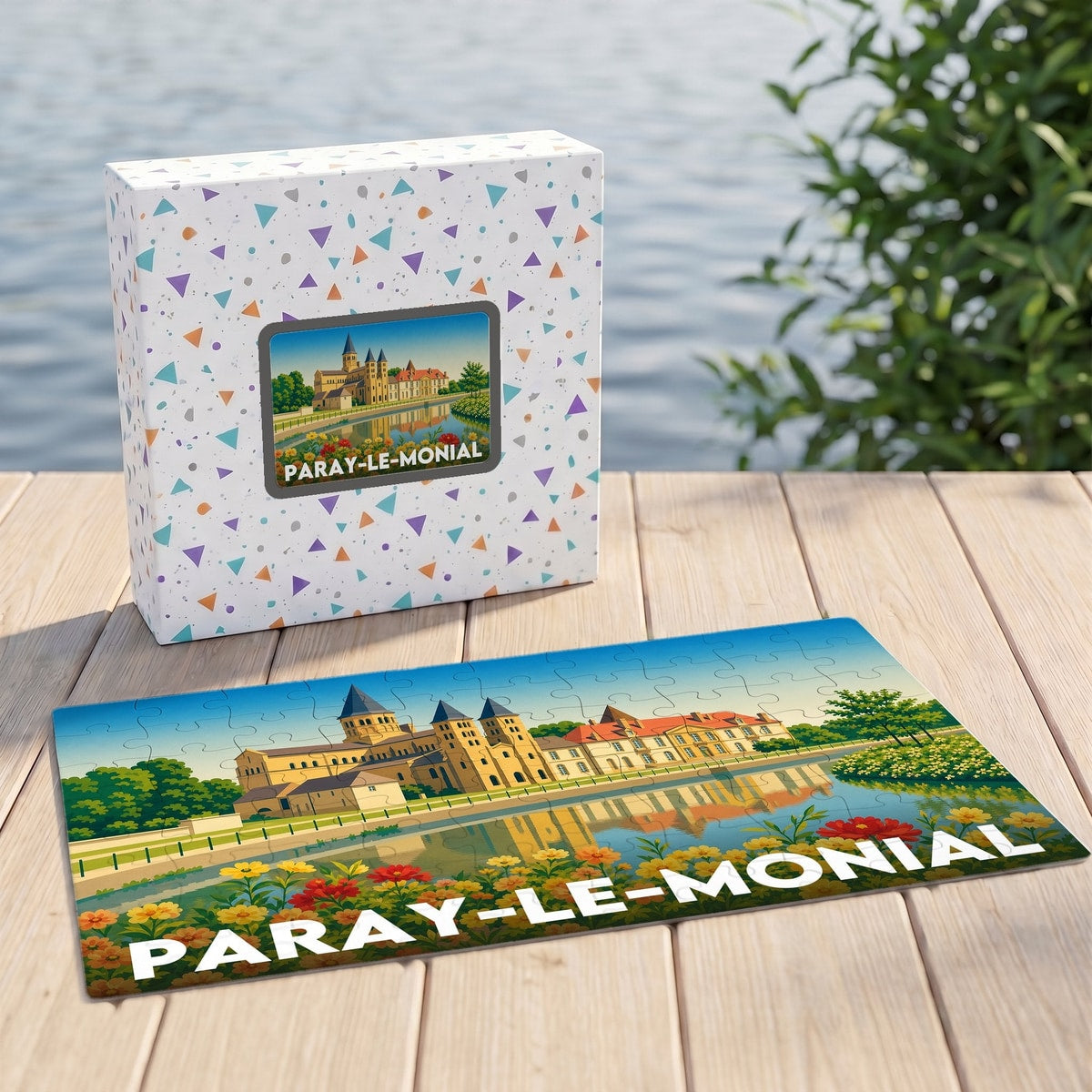 Puzzle souvenir de la ville de Paray-le-Monial présentant une illustration stylisée de sa basilique et de ses jardins au bord de l'eau.