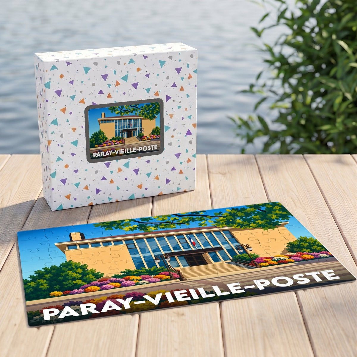 Puzzle souvenir de la ville de Paray-Vieille-Poste avec une illustration colorée de l'hôtel de ville.
