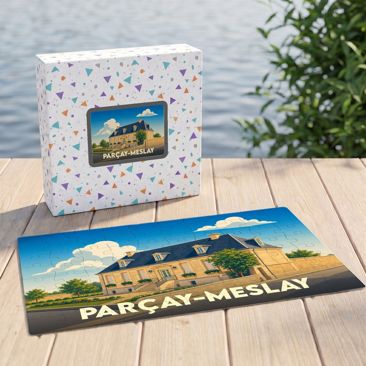 Puzzle souvenir de la ville de Parçay-Meslay avec une illustration stylisée d'un manoir.