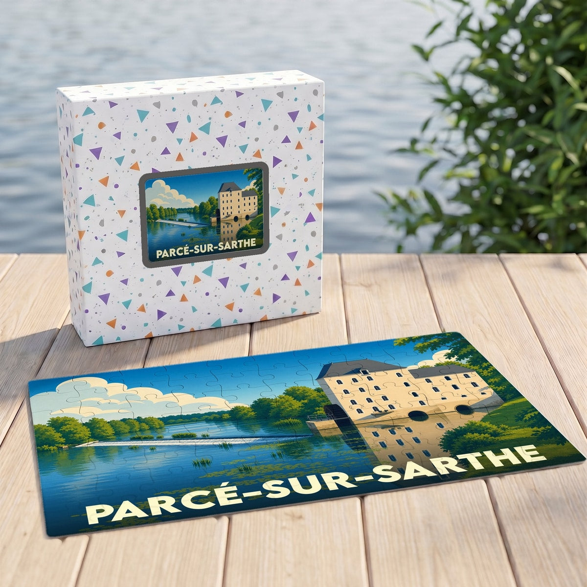 Puzzle souvenir de la ville de Parcé-sur-Sarthe avec une illustration stylisée d'un moulin au bord de l'eau.