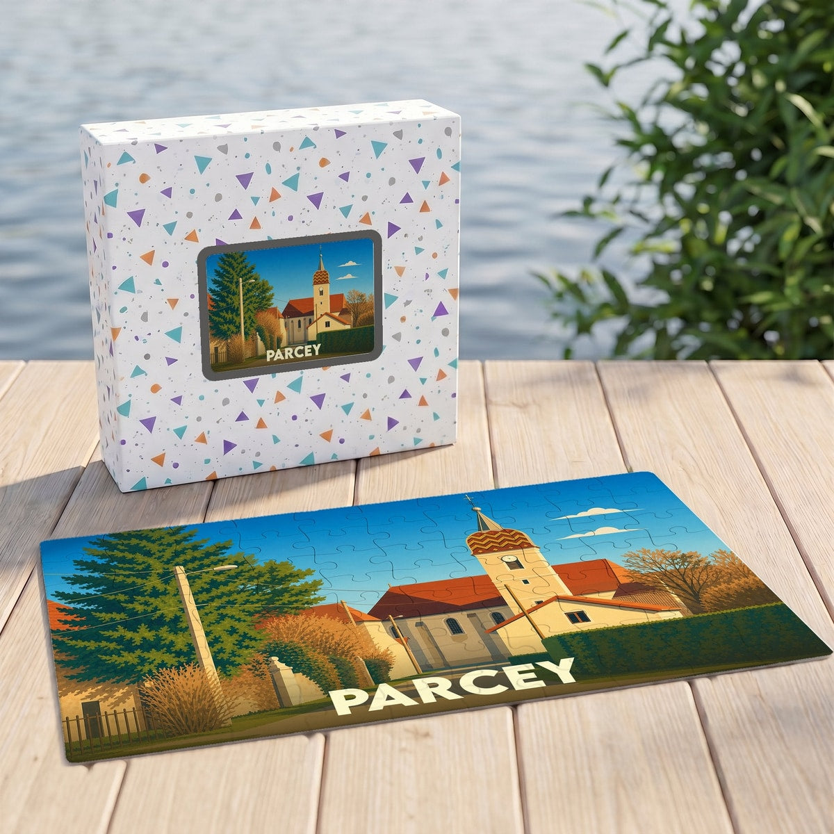 Puzzle souvenir de la ville de Parcey avec une illustration stylisée d'une église et son emballage assorti.